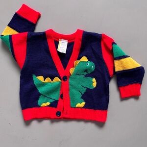 Throwback 80s 90s Retro 3D Dinosaur Striped Sleeves V Neck Cardigan Sweater